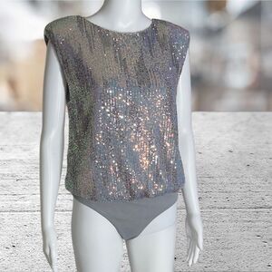 ASTR the Label Sequin Hollywood Bodysuit Gray Party Cocktail Sz M NWT